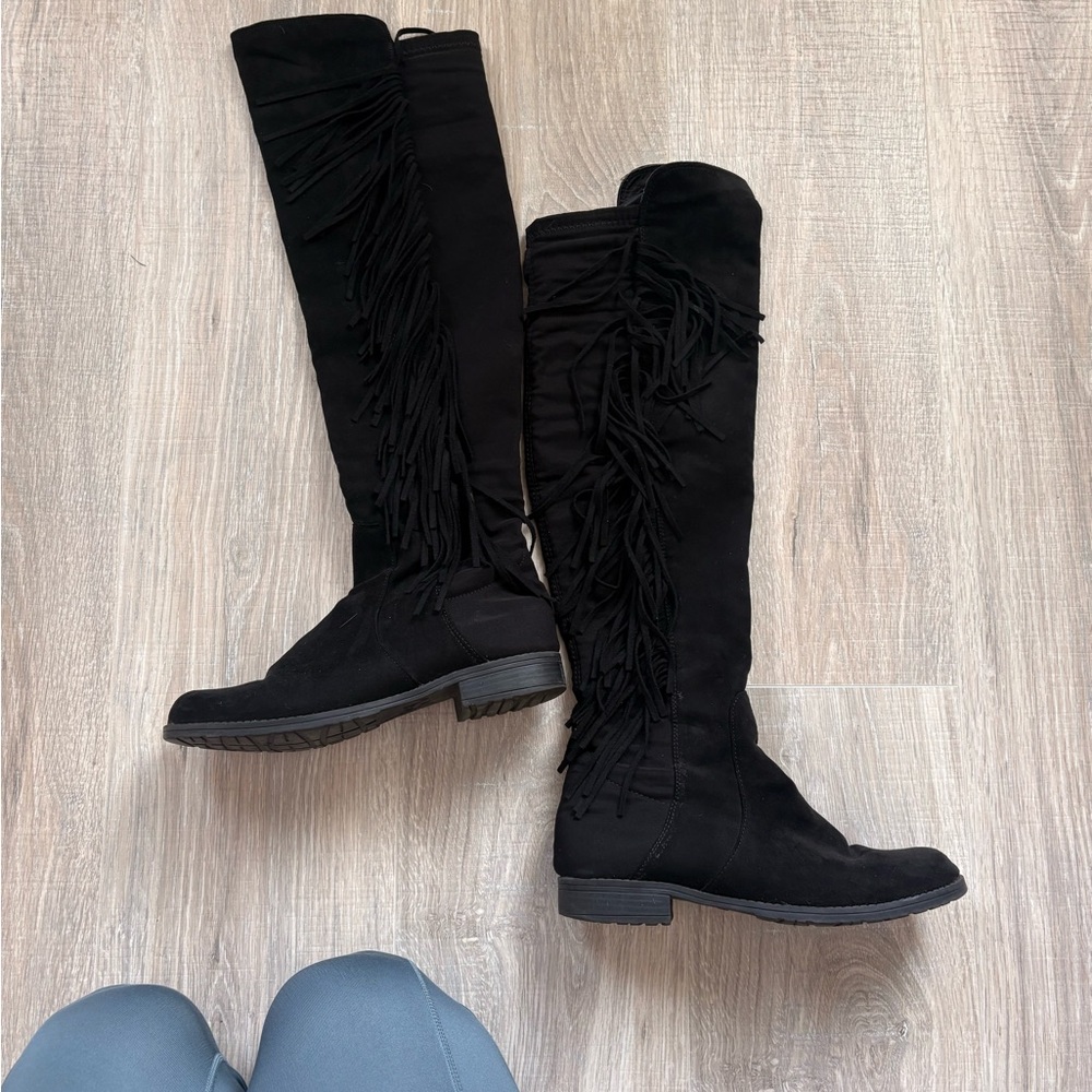 Black Suede Fringe Knee-High Boots